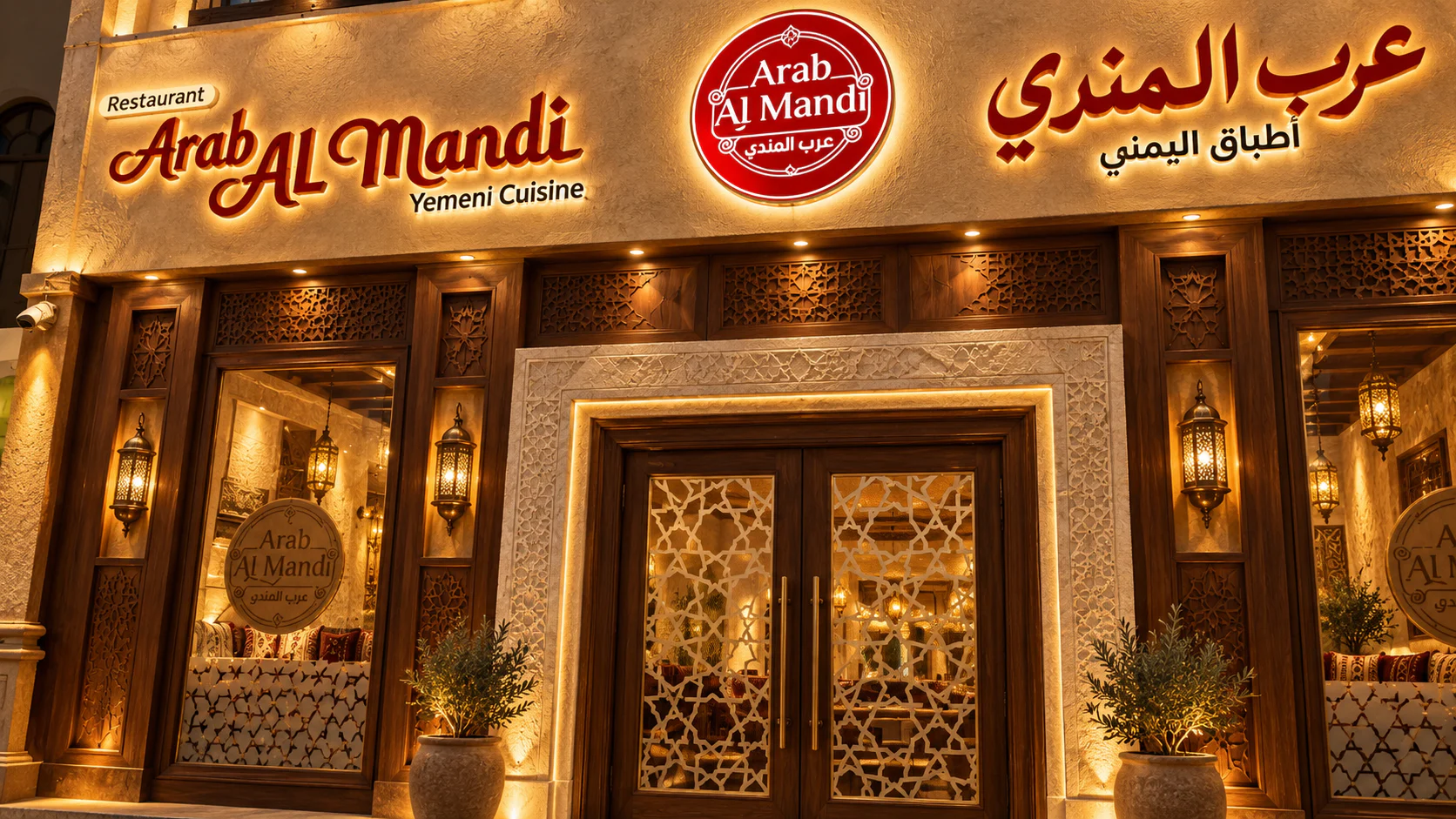 A warmly lit heritage-style Arab Al Mandi restaurant facade